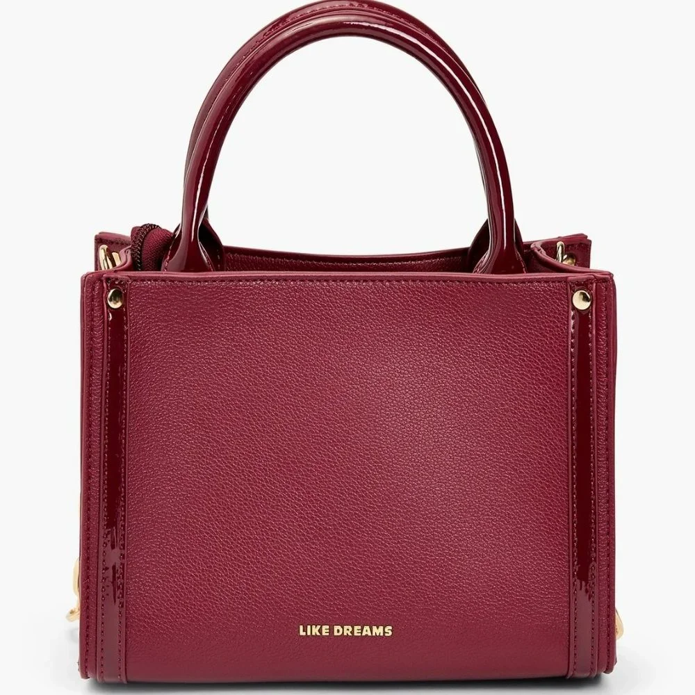 Burgundy Vegan Leather Chain Handle Satchel – Chic Structured Crossbody Purse